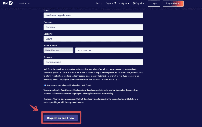 BidX free audit registration form