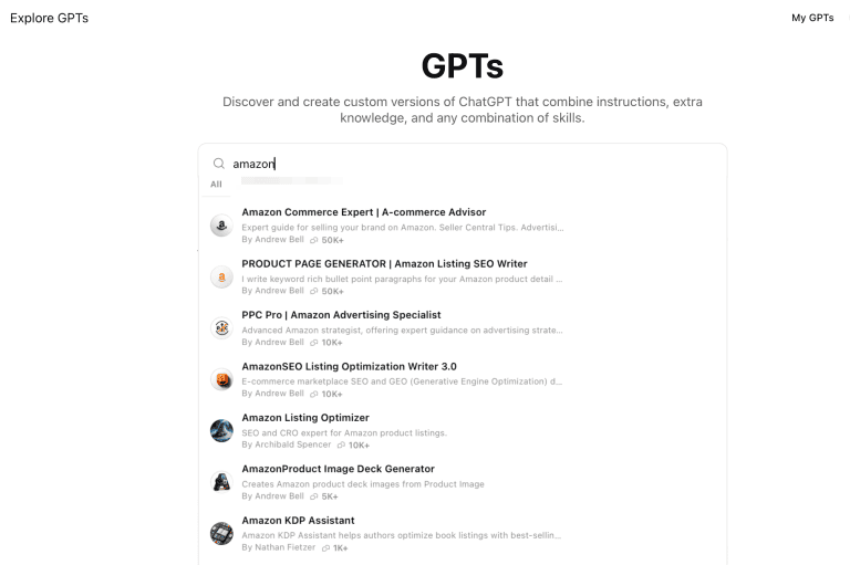 find custom versions of ChatGPT for Amazon sellers