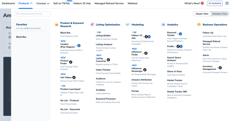 helium 10 dashboard view