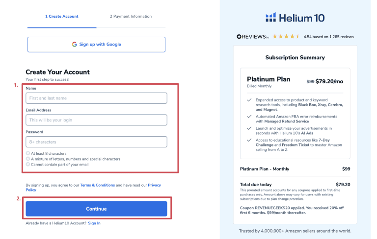 Helium 10 Sign Up Process