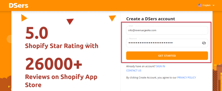 dsers sign up form