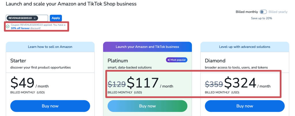 Helium 10 prices with coupon applied