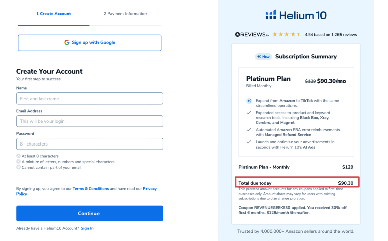 The Helium 10 discount you get when you subscribe to RevenueGeeks newsletter