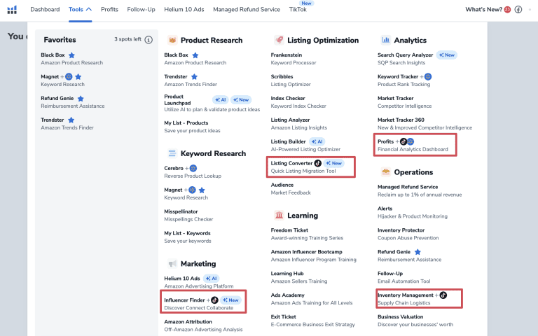 Helium 10 TikTok tools in dashboard
