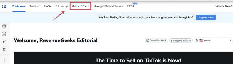 finding Helium 10 Ads in Helium 10 dashboard