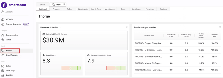 SmartScout Brands tool for product research