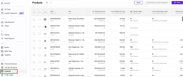 SmartScout Products database for product research